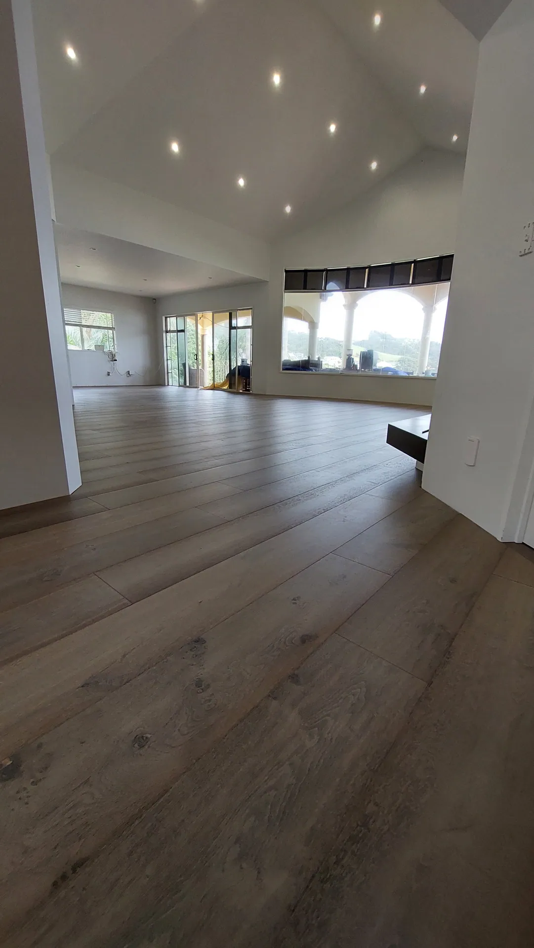 A large living room with a raked ceiling and downlights, finished in wide grey-brown oak boards.