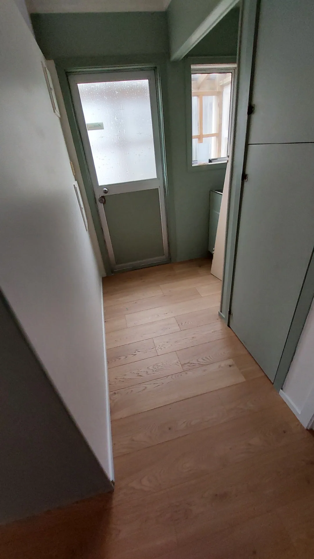 A narrow hallway with a light oak floor leading to a glazed back door.
