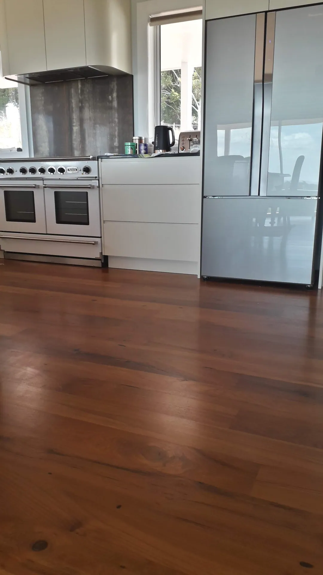 Rich timber floor in a kitchen.