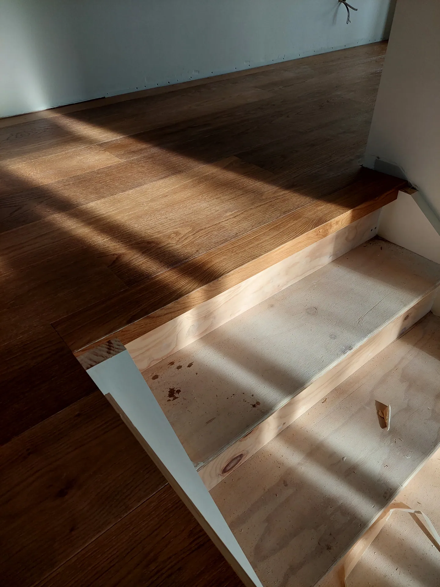 Timber nosing fitted to a plywood step framed into a dark timber floor in strong sunlight.